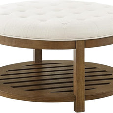 24KF Large Round Upholstered Tufted Linen Ottoman Coffee Table, Large Footrest Ottoman with Wood Shelf Storage-Ivory