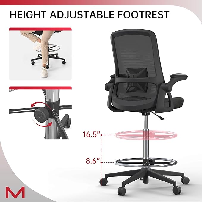 Drafting Chair with Mesh Backrest, Foot Ring,Tall Office Chair with Flip-Up Armrest,Set of 2 Counter Height Office Swivel Standing Desk Chair with Lumbar Support for Home,Office,Bar