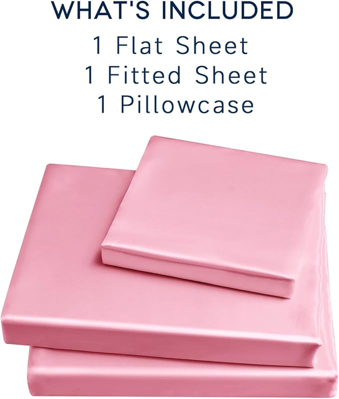 Satin Sheets Twin XL Size - 3 Pieces Luxury Silky Soft Bed Sheets, Wrinkle-Free Light Pink Satin Silk Sheet Set with 1 Deep Pocket Fitted Sheet, 1 Flat Sheet, 1 Pillow Case
