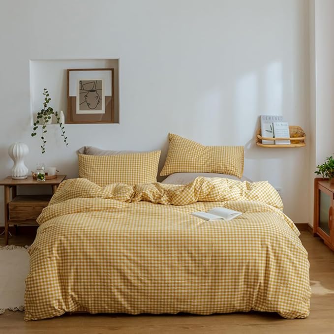 VM VOUGEMARKET Yellow Gingham Duvet Cover Set Queen 3 Pieces Plaid Duvet Cover with Zipper Ties 2 Pillowcases 100% Washed Cotton Modern Luxury Bedding Set (Queen,90"x90")