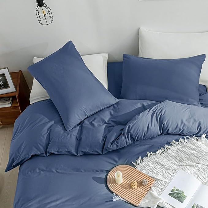 JELLYMONI Bedding Duvet Cover Queen Size - 100% Washed Cotton Linen Like Textured Comforter Cover, 3 Pieces Breathable Soft Bedding Set with Zipper Closure (Blue, Queen 90"x90")