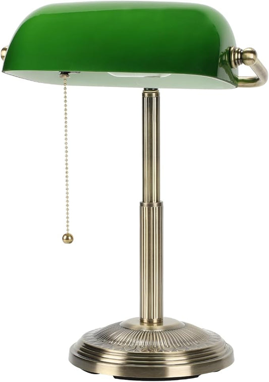 LINNMON Bankers Desk Lamp, Green Retro Lamp, Vintage Lamp with Pull Chain Switch for Home Office (Brass+Green)