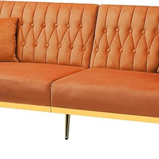 70” Velvet Futon Sofa Bed w/Adjustable Armrests & 2 Pillows, Convertible Futon Couch w/Adjustable Backrests, Modern Sleeper Bed for Living Room, Bedroom, Orange