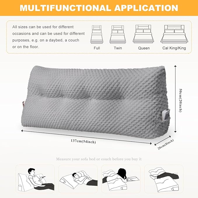 Large Triangular Headboard Wedge Pillow Soft and Supportive Headboard Backrest Positioning Support Bolster Cushion, Bed Wedge Pillow with Removable Cover(Light Gray,Full,54x8x20inch)