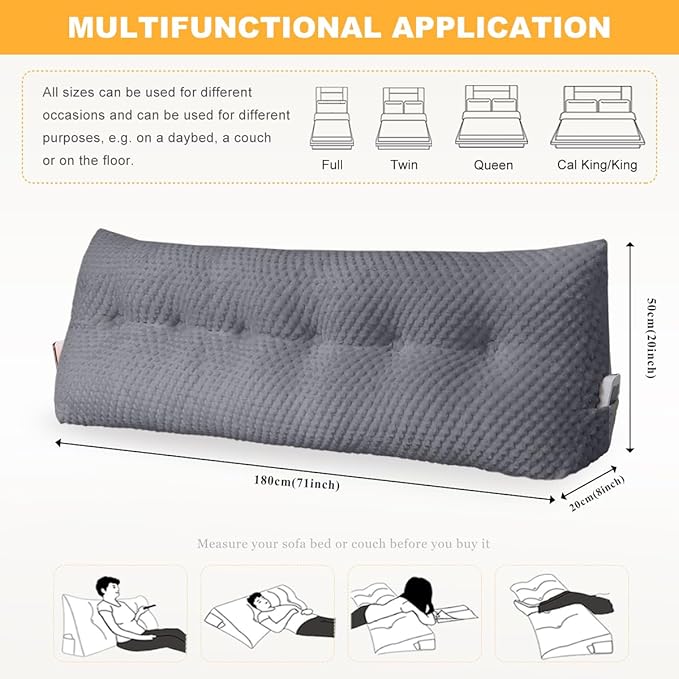 Large Triangular Headboard Wedge Pillow Soft and Supportive Headboard Backrest Positioning Support Bolster Cushion, Bed Wedge Pillow with Removable Cover(Dark Gray,Cal King,71x8x20inch)