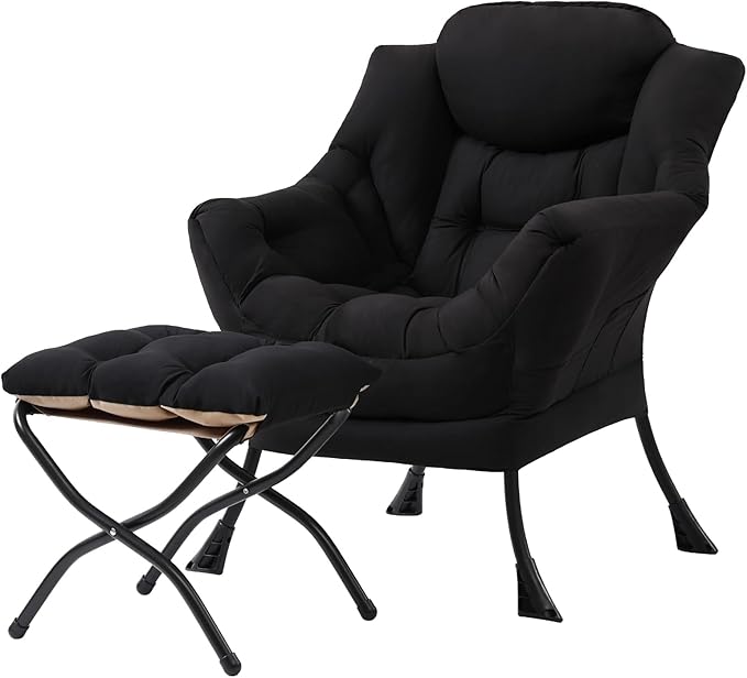 Tiita Lazy Chair with Ottoman, Modern Large Accent Lounge Armchair, Comfy Leisure Sofa Reading Chair with Footrest for Bedroom, Living Room, Dorm Rooms, Garden and Courtyard, Black