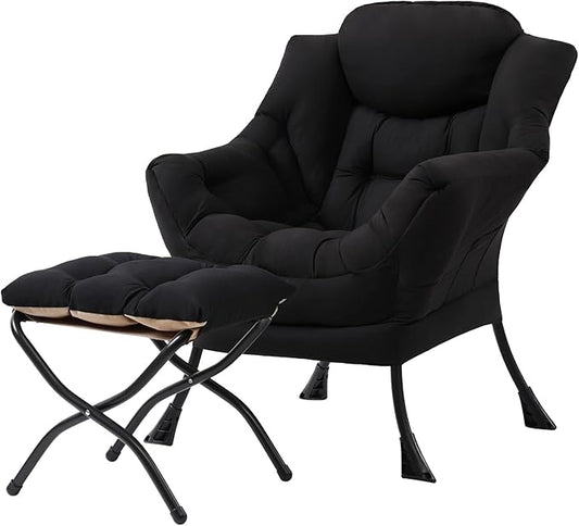 Tiita Lazy Chair with Ottoman, Modern Large Accent Lounge Armchair, Comfy Leisure Sofa Reading Chair with Footrest for Bedroom, Living Room, Dorm Rooms, Garden and Courtyard, Black
