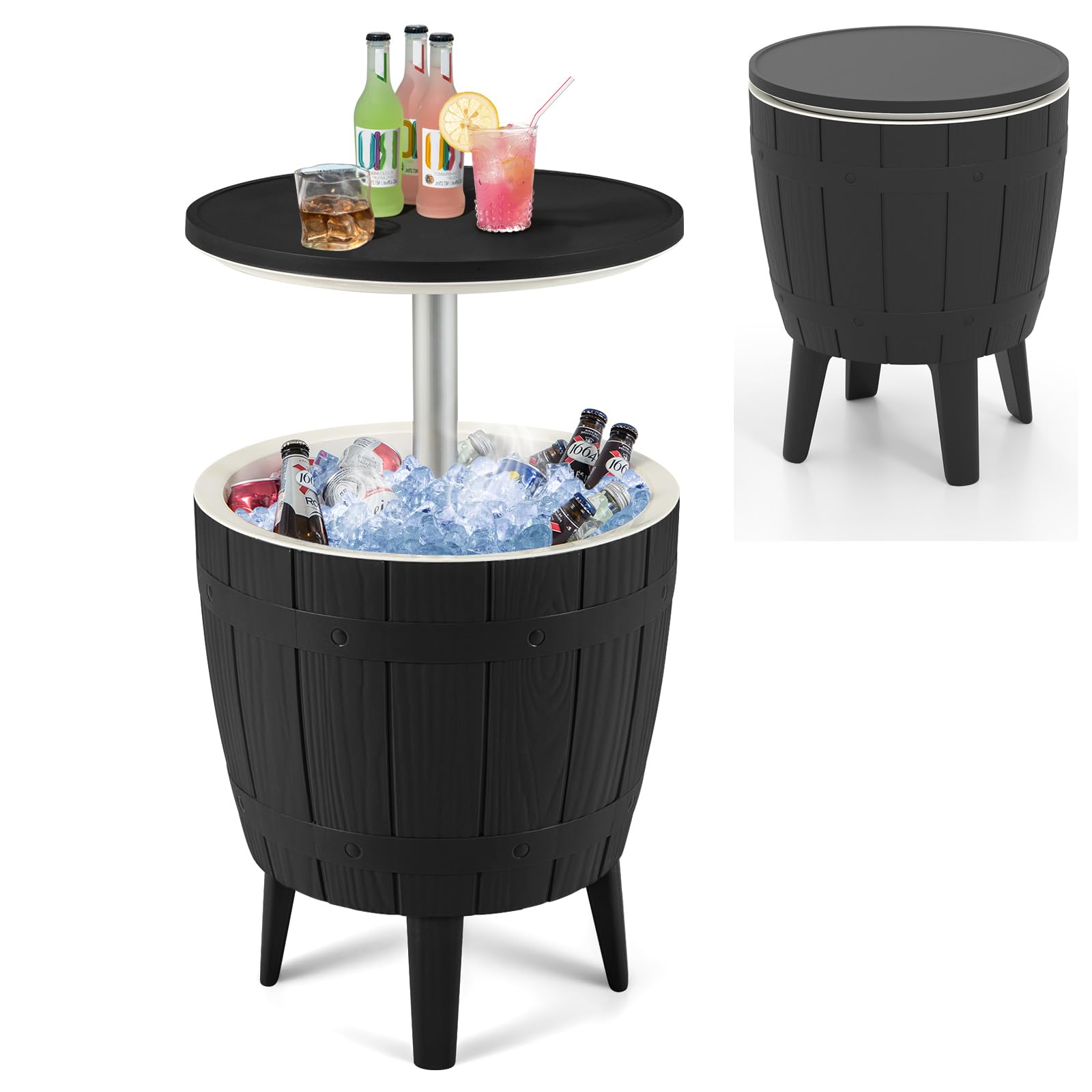 Giantex Cooler Side Table Outdoor, 10 Gallon Ice Cooler with Drainage Plug, Adjustable Height, 3-in-1 Cocktail Patio Par Table for Beer Wine Storage, Deck Pool Backyard Party, Taupe (Wood-Style)