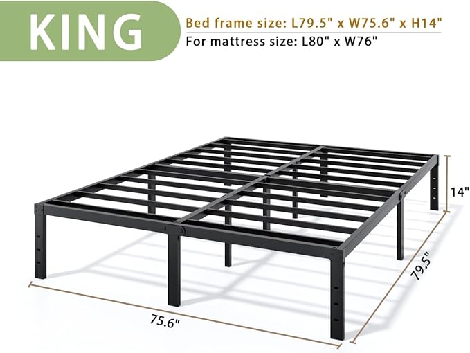 Metal Bed Frame King Size - 14 Inch Heavy-Duty King Platform Bed Frame No Box Spring Needed, Easy Assembly, Noise-Free, Sturdy Mattress Foundation, Underbed Storage Space