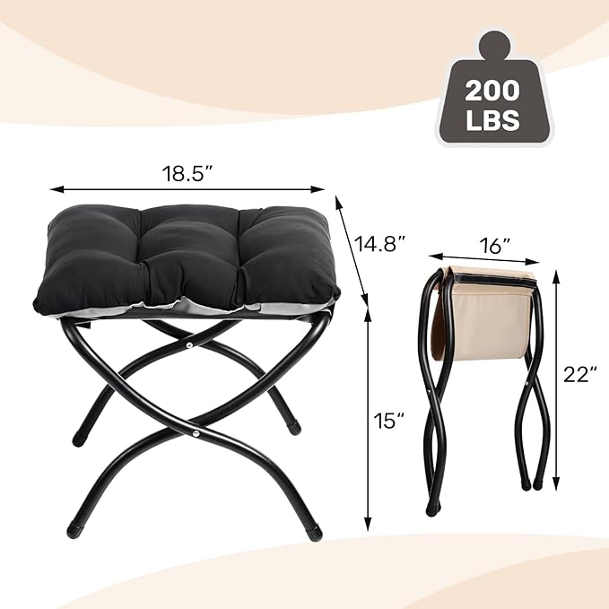 HollyHOME Lazy Chair with Foldable Ottoman, Accent Comfy Lounge Armchair and Folding Footrest Stool, Leisure Sofa Reading Chair and Footstool for Living Room, Bedroom, Dorm,Peachskin Fabric Black