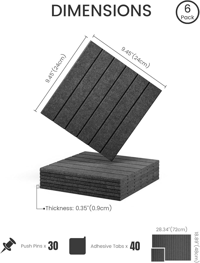 Felt Bulletin Board Tiles -28"x18" with 40 Adhesive Tabs, Cork Board Alternative for Office Decor, Push Pin Board Wall Organizer 6-Pack (Charcoal Gray)