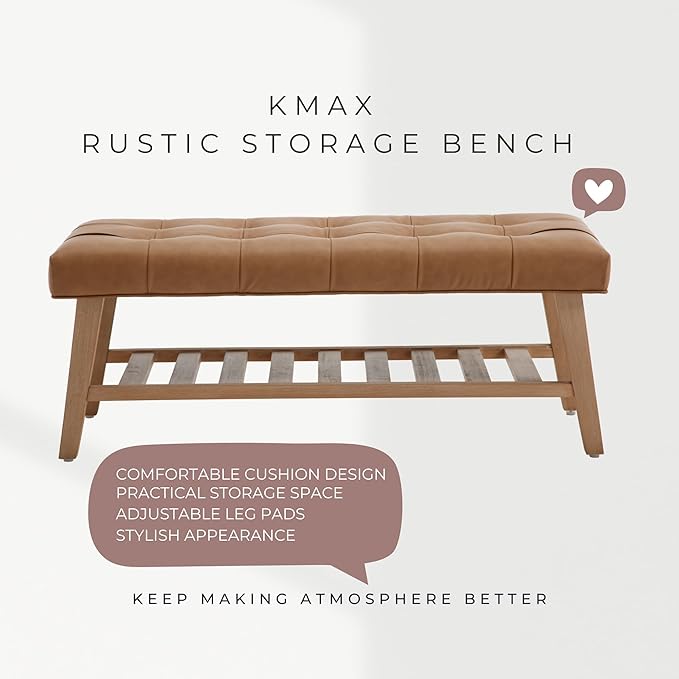 Kmax Entryway Bench with Shoe Storage, Leather Upholstered Wood Storage Bench for Living Room Window Bench for Bedroom End of Bed - PU, Brown