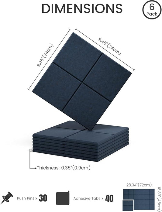 Felt Bulletin Board Tiles -28"x18" Cork Board Alternative for Office Decor, Push Pin Board Wall Organizer 6-Pack-Navy Blue