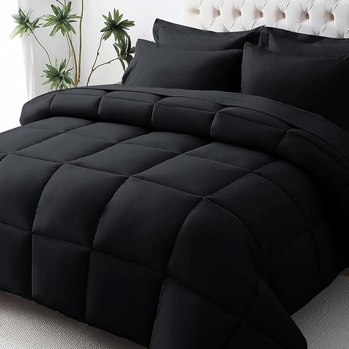 JOLLYVOGUE Oversized Queen Comforter Set, Ultra-Soft Bed in a Bag Oversized Queen Size 7 Pieces, Oeko-TEX Certified Bedding Set with Down Alternative Comforter, Sheets, Pillowcases & Shams, Black
