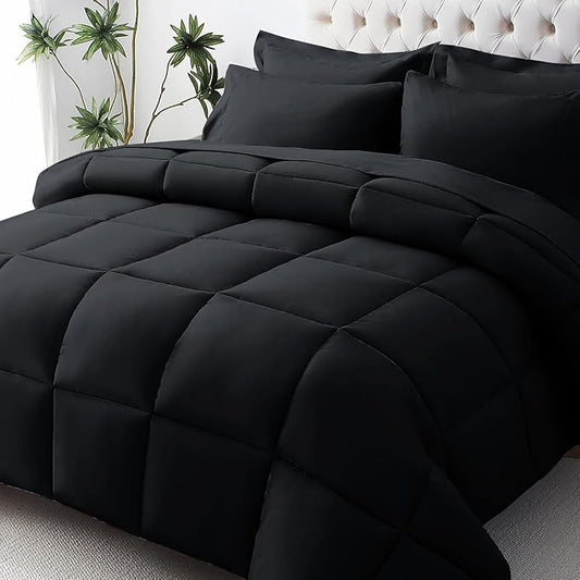 JOLLYVOGUE Oversized Queen Comforter Set, Ultra-Soft Bed in a Bag Oversized Queen Size 7 Pieces, Oeko-TEX Certified Bedding Set with Down Alternative Comforter, Sheets, Pillowcases & Shams, Black