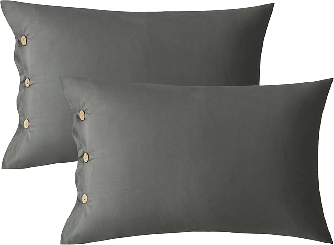 JELLYMONI King Set of 2 Cotton Button Pillow Covers 20×36in Grey Bed Pillow Cases 100% Washed Cotton Soft Breathable