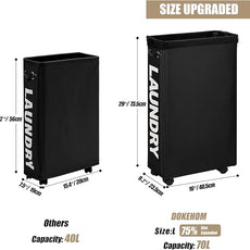 DOKEHOM 29-Inches Enlarged Slim Laundry Basket with Removable Wash Bag on Wheels, Collapsible Rolling Laundry Hamper, Foldable Narrow Corner Clothes Storage Bins (Black)