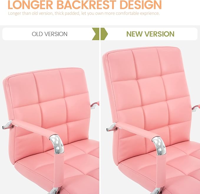 High Back Desk Chair, Modern PU Leather Home Office Task Chair with Arms, Adjustable Swivel Computer Executive Chair with Wheels (Pink)