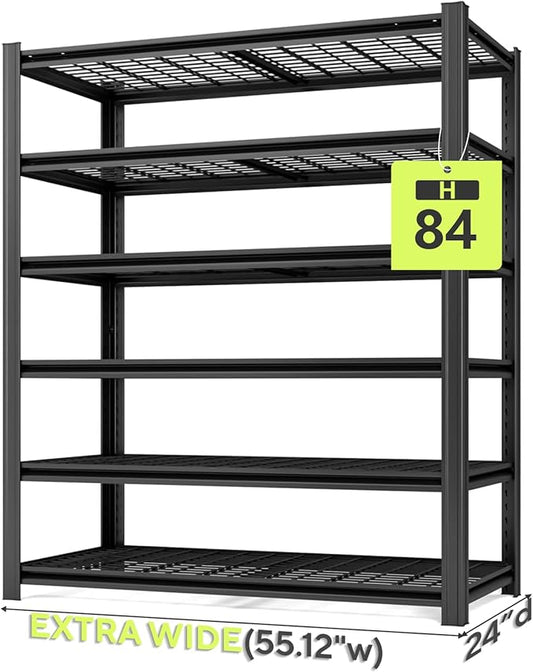 Extra Large/Big 55.12"W Father&I Industrial 6-Heavy-Dudy-Shelf-Rack Utility Tall Garage/Warehouse Shelving Metal/Steel Storage Shelves Unit/System Adjustable for Bin/Shed, 84"*55.12*24", Black