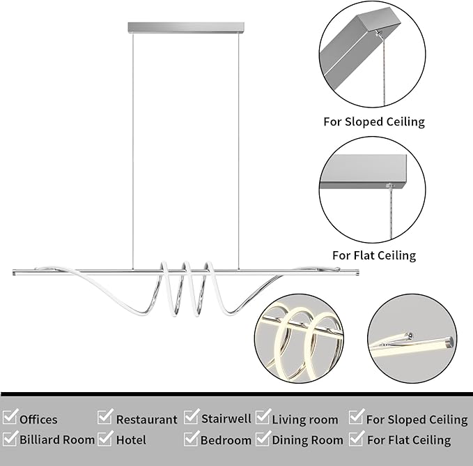 Modern Pendant Light Kitchen Island 57in Dimmable Hanging Lamp 3000k-6000K Adjustable Warm/Nautral/White with Remote Control, Dining Room Light Fixture Chrome Silver