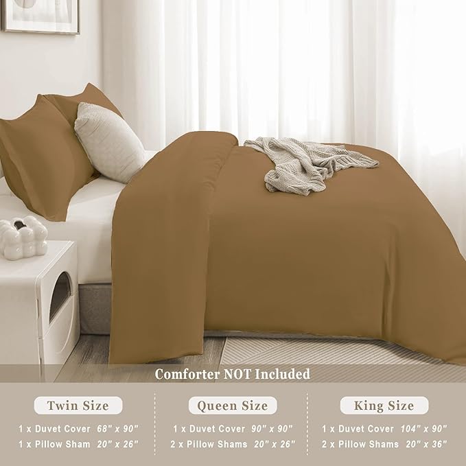 100-Percent Cotton Duvet Cover Set, Hidden Zipper Closure, Ultra Soft, Easy Care and Durable, Simple Bedding Style, Queen, Light Brown (Comforter Not Included)