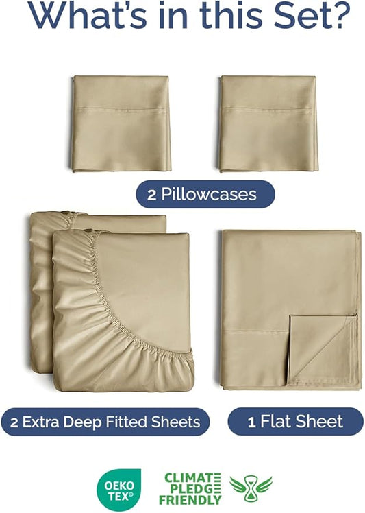 Extra Deep Pocket Split King Sheets - 5 Piece Breathable & Cooling Bed Sheets - Hotel Luxury Bed Sheet Set - Soft, Wrinkle Free & Comfy - Easily Fits Extra Deep Mattresses - Deep Pocket Beige Sheets