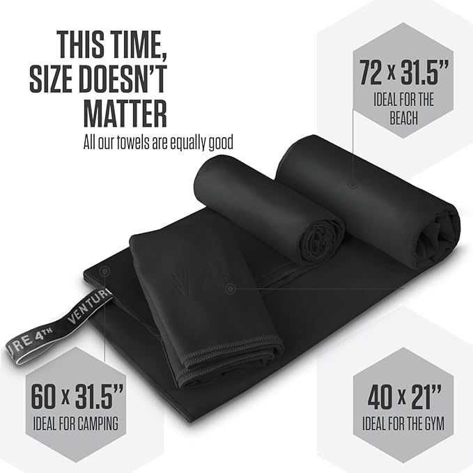 VENTURE 4TH - 4pcs Quick Dry Towels. Microfiber Travel Towels. Lightweight & Fast Drying Travel Towels for Body. Compact & Easy to Pack - 4 Pack Black Large
