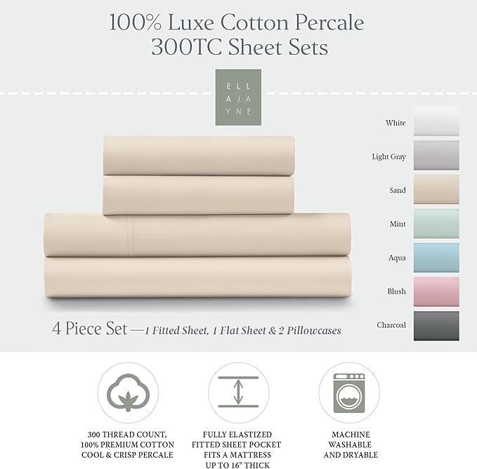 Ella Jayne Percale Sheets Twin (3 Pieces) Permium 100% Cotton Percale TC300, Hotel Luxury Collection, Deep Pockets and Cooling Twin Sheets Set Breathable Cotton Percale (Sand)