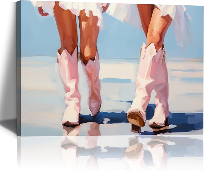 Cowgirl Boots Wall Art Pink Cowboy Boots Canvas Wall Art Western Aesthetic Canvas Prints Poster Trendy Preppy Girls Aesthetic Room Decor Picture for Apartment Bedroom Dorm 24x16in Framed