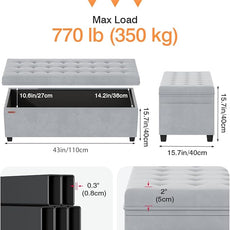 Velvet Storage Ottoman Bench, End of Bed Bench with Legs, Large Entryway Bench, Foot Rest Stool, Tea Table for Bedroom, Living Room, Loads 770 lb, 15.7