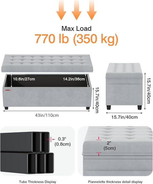 Velvet Storage Ottoman Bench, End of Bed Bench with Legs, Large Entryway Bench, Foot Rest Stool, Tea Table for Bedroom, Living Room, Loads 770 lb, 15.7"L x 43"W x 15.7"H, Dove Gray, UASND62G