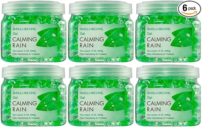 SMELLS BEGONE 12 oz Odor Eliminator Gel - Air Freshener - Absorbs & Eliminates Odor in Bathrooms, Cars, Boats, RVs & Pet Areas - Made with Essential Oils - Calming Rain Scent (6-Pack)