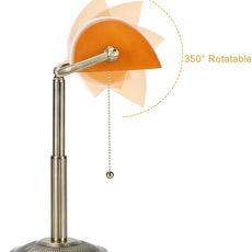 LINNMON Bankers Desk Lamp, Amber Retro Lamp, Vintage Lamp with Pull Chain Switch for Home Office (Brass+Amber)