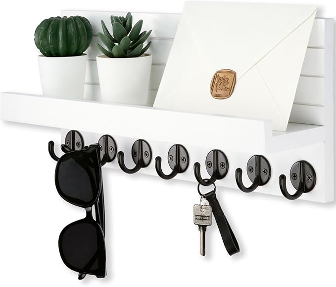 Key Holder Wall Mount, Entryway Key and Mail Holder with 7 Sturdy Hooks for Sunglasses, Dog Leash, Decorative Wall Shelf with Mounting Hardware, 15”W x 6.7”H x 4.2”D (White)