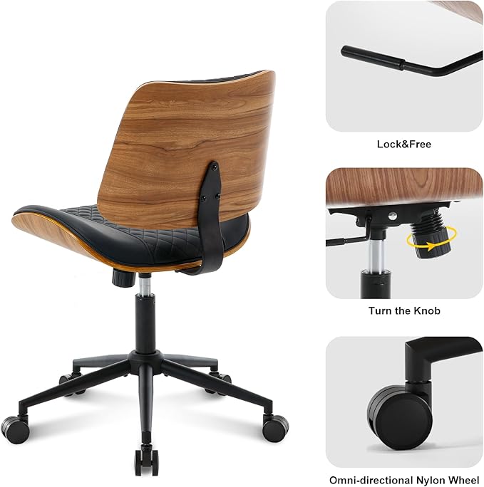 BV Small Desk Chair, Mid Century Office Chair with Bentwood Back, Armless Task Swivel Chair with Wheels, Mid Back No Arms, Faux Leather Office Chairs for Small Space, Black