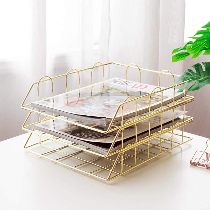 Jolitac Rose Gold 4-Tier Stackable Paper Tray Desk Organizer, Workspace Decorative Stacking Rack Supplies Holder, Metal Letter Trays for File Documents in Home & Office (Gold)