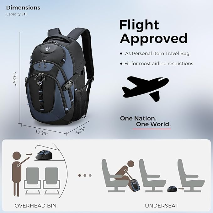 Swissdigital Design Laptop Backpack with USB Charging Port, Travel Backpack Fits 15.6 inches Computer, 31L College School Backpack for Men, Haze Blue/Black | SD803-16