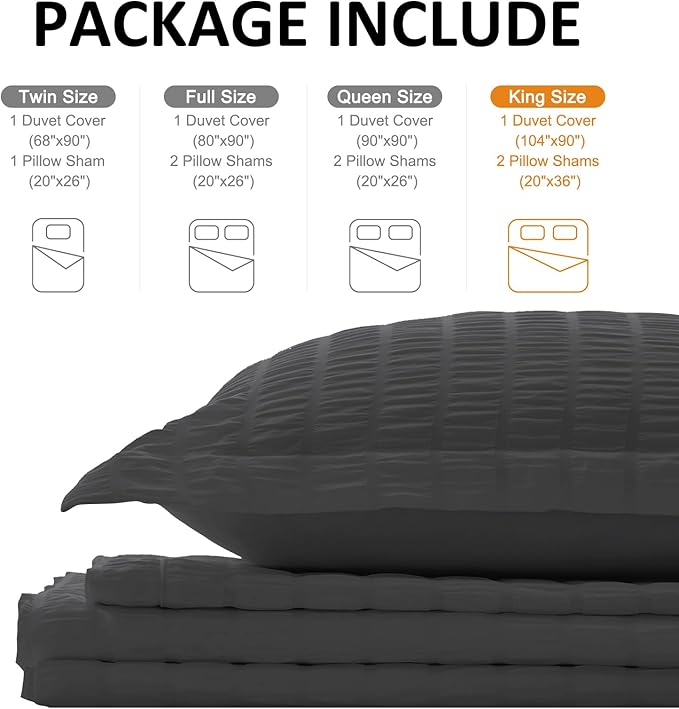 Cozyide Dark Grey Duvet Cover King Size, 3 Pieces Bedding Duvet Covers, Breathable Seersucker Duvet Cover Set with Zipper Closure and Corner Ties (1 Duvet Cover 104"x90" + 2 Pillow Shams 20"x36")