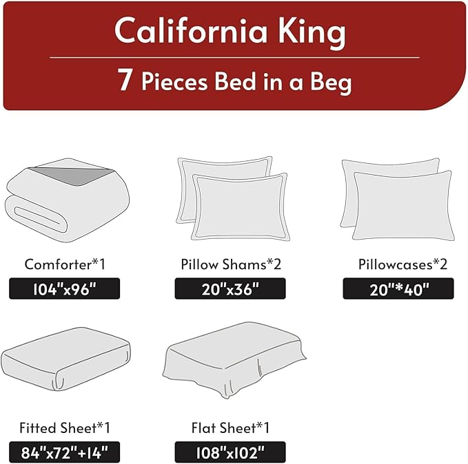 MUXHOMO 7 Pieces California King Comforter Set, Reversible Bed in a Bag Cal King Size, All Season Bedding Set with Comforter, Flat Sheet, Fitted Sheet, Pillowcases & Shams, Red & Black