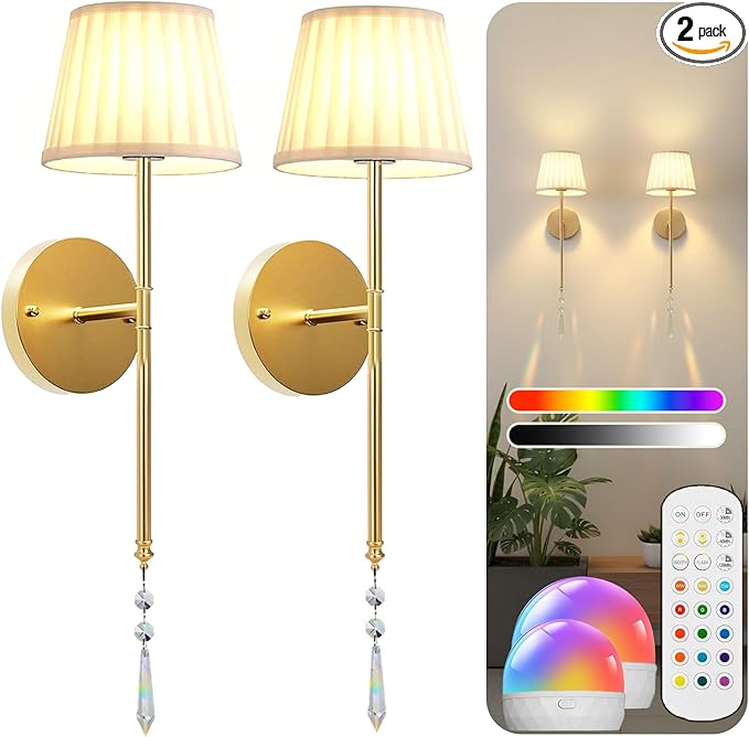 Battery Operated Wall Sconces Set of Two, Rechargeable Wall Sconce Wireless Battery Wall Lamp with 15 Colors RGBCW Dimmable Magnetic Bulbs & Remote for Bedroom Living Room Hallway Decor Gold