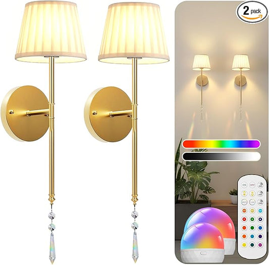 Battery Operated Wall Sconces Set of Two, Rechargeable Wall Sconce Wireless Battery Wall Lamp with 15 Colors RGBCW Dimmable Magnetic Bulbs & Remote for Bedroom Living Room Hallway Decor Gold
