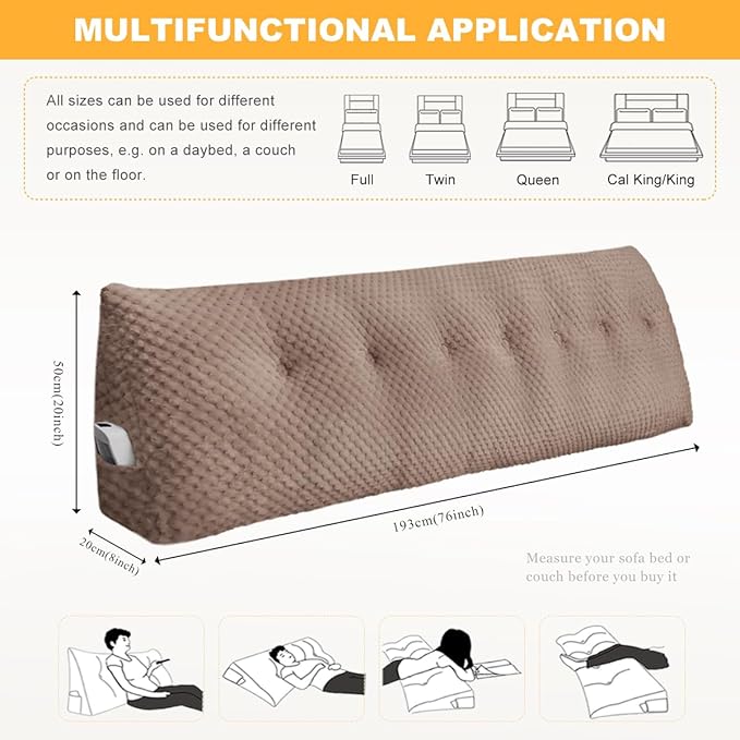 Large Triangular Headboard Wedge Pillow Soft and Supportive Headboard Backrest Positioning Support Bolster Cushion, Bed Wedge Pillow with Removable Cover(Brown,King,76x8x20inch)