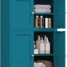 Blue Bathroom Storage Cabinet,Metal Bathroom Cabinet,Navy Blue Storage Cabinets,Bathroom Floor Cabinet with 2 Adjustable Shelves&4 Doors