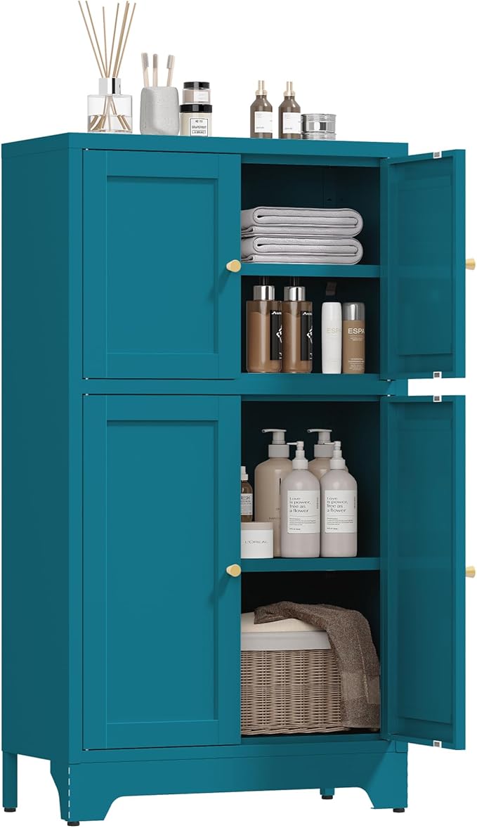 Blue Bathroom Storage Cabinet,Metal Bathroom Cabinet,Navy Blue Storage Cabinets,Bathroom Floor Cabinet with 2 Adjustable Shelves&4 Doors