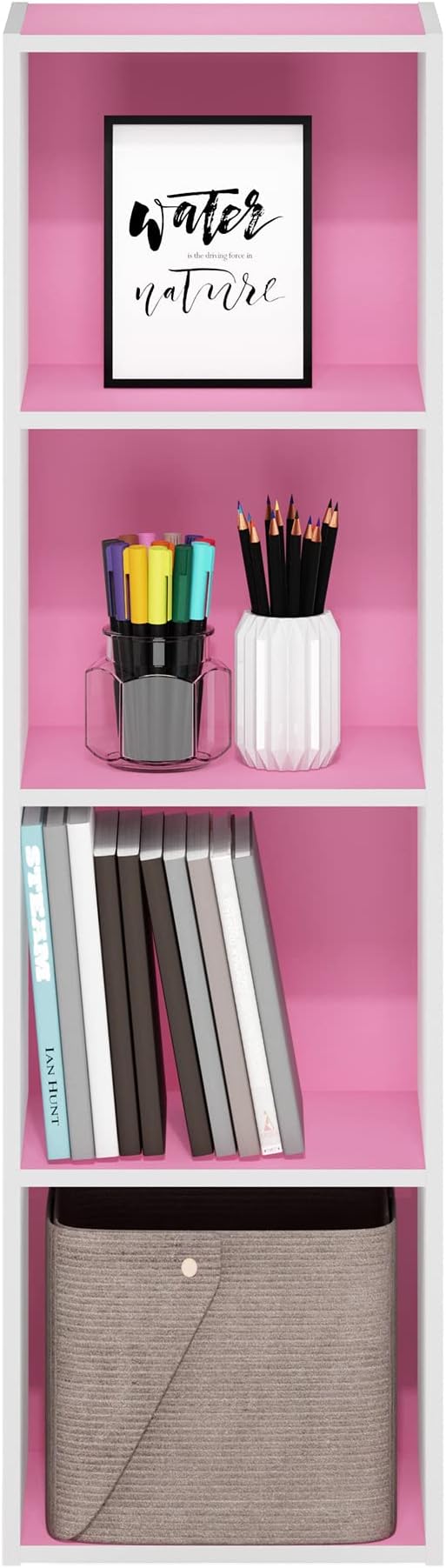 Furinno PASIR Book Shelf, 4-Tier Modern Bookshelf, Open Shelves Bookcase 9 x 12 x 42, for Living Room, Bedroom, Home Office, Pink/White