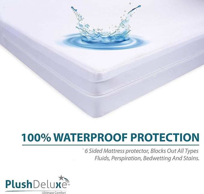 PlushDeluxe King Size Premium Mattress Encasement - Zippered Waterproof, Bedbug Proof Design, 6-Sided Protection - Hypoallergenic Cotton Terry Fabric 9-12" Depth