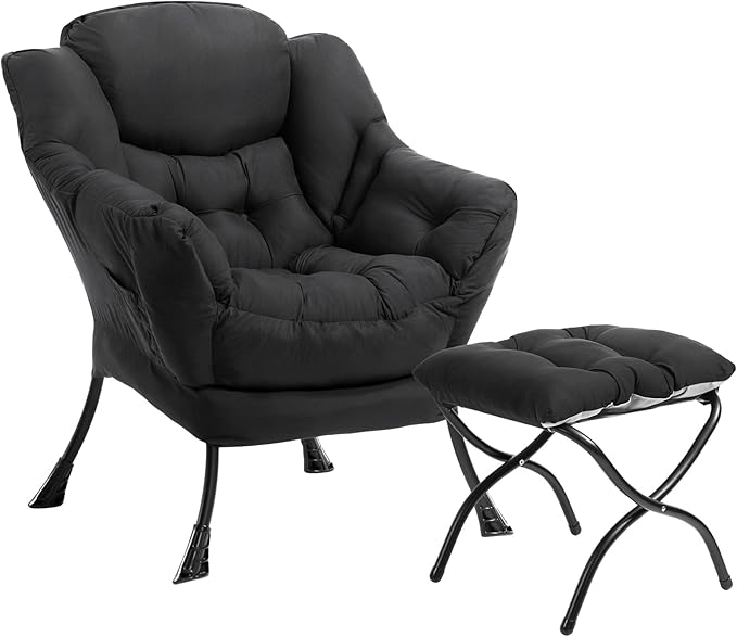 HollyHOME Lazy Chair with Foldable Ottoman, Accent Comfy Lounge Armchair and Folding Footrest Stool, Leisure Sofa Reading Chair and Footstool for Living Room, Bedroom, Dorm,Peachskin Fabric Black