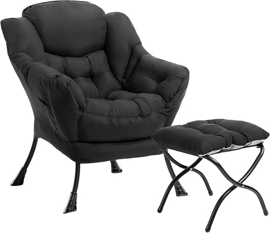 HollyHOME Lazy Chair with Foldable Ottoman, Accent Comfy Lounge Armchair and Folding Footrest Stool, Leisure Sofa Reading Chair and Footstool for Living Room, Bedroom, Dorm,Peachskin Fabric Black
