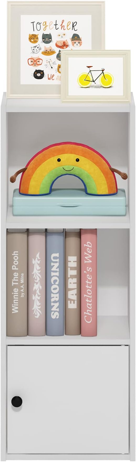 Furinno LUDER Book Shelf, 3-Tier Modern Bookshelf, Bookcase with 1 Door Storage Cabinet, 9.3 x 12 x 31.5, for Living Room, Bedroom, Home Office, White