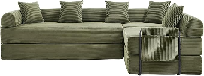 106" Oversized Convertible Sleeper Sofa Bed, Corduroy L Shape Sectional Couch, Folding Sofa Bed with Side Pocket, Modern Cloud Floor Mattress Couch, Modular Sofa for Living Room, Olive Green